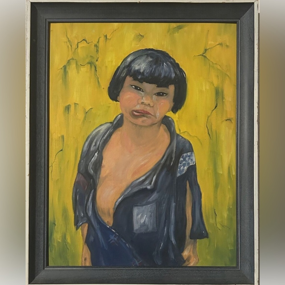 Painting of Hispanic child crying on canvas painting name on frame of painter